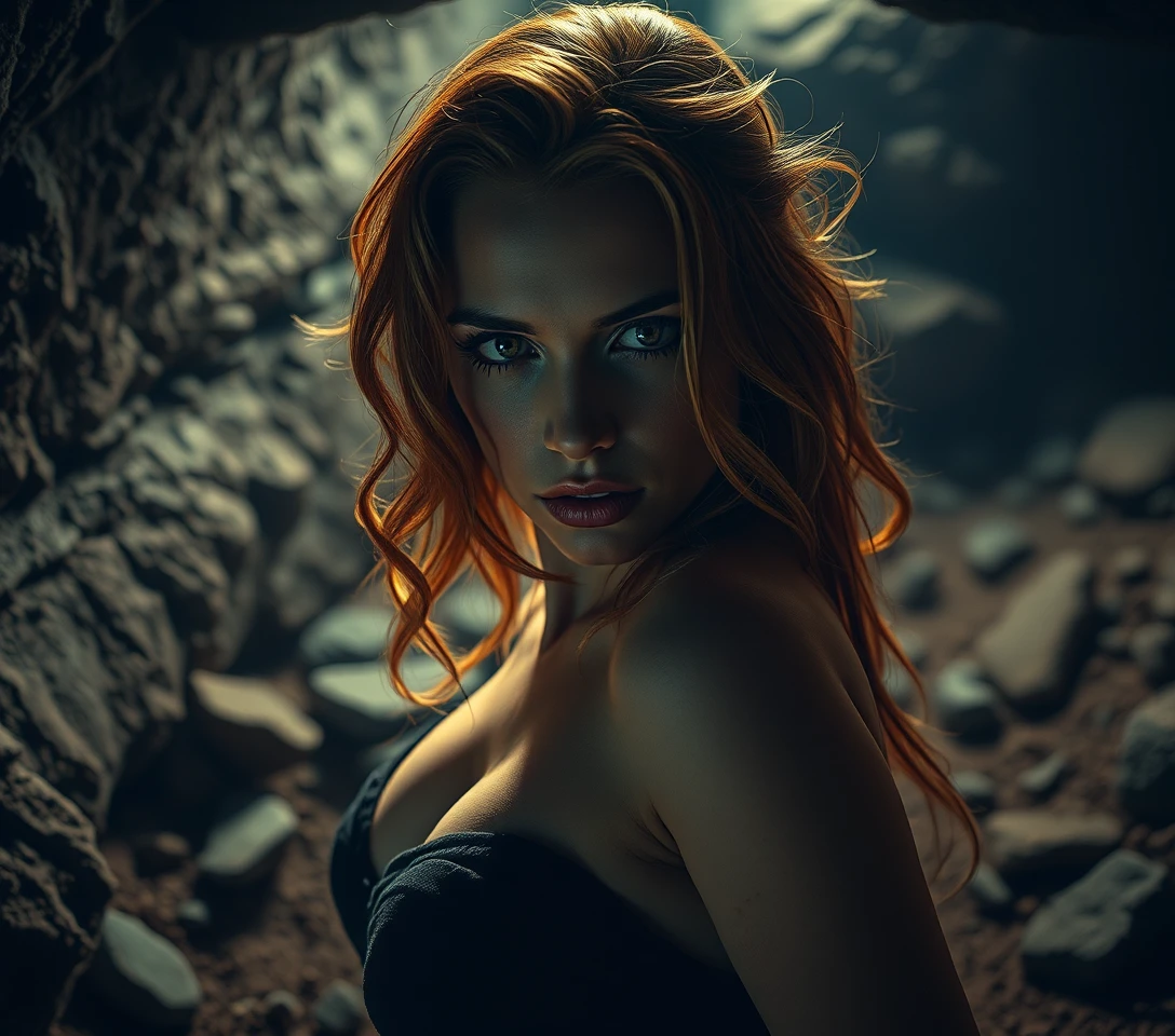 Surreal woman crawling through a dark underground cave