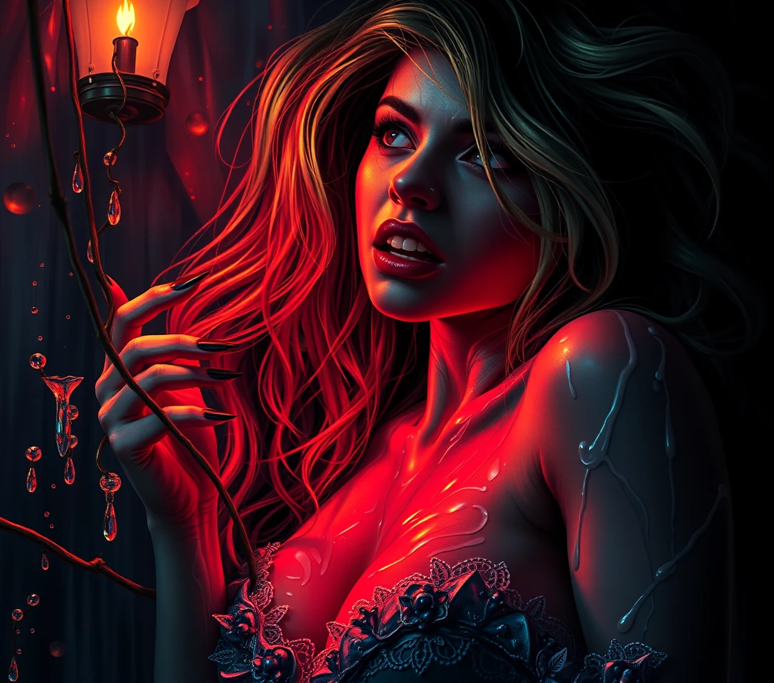 Surreal sensual scene blending comedy and eerie horror