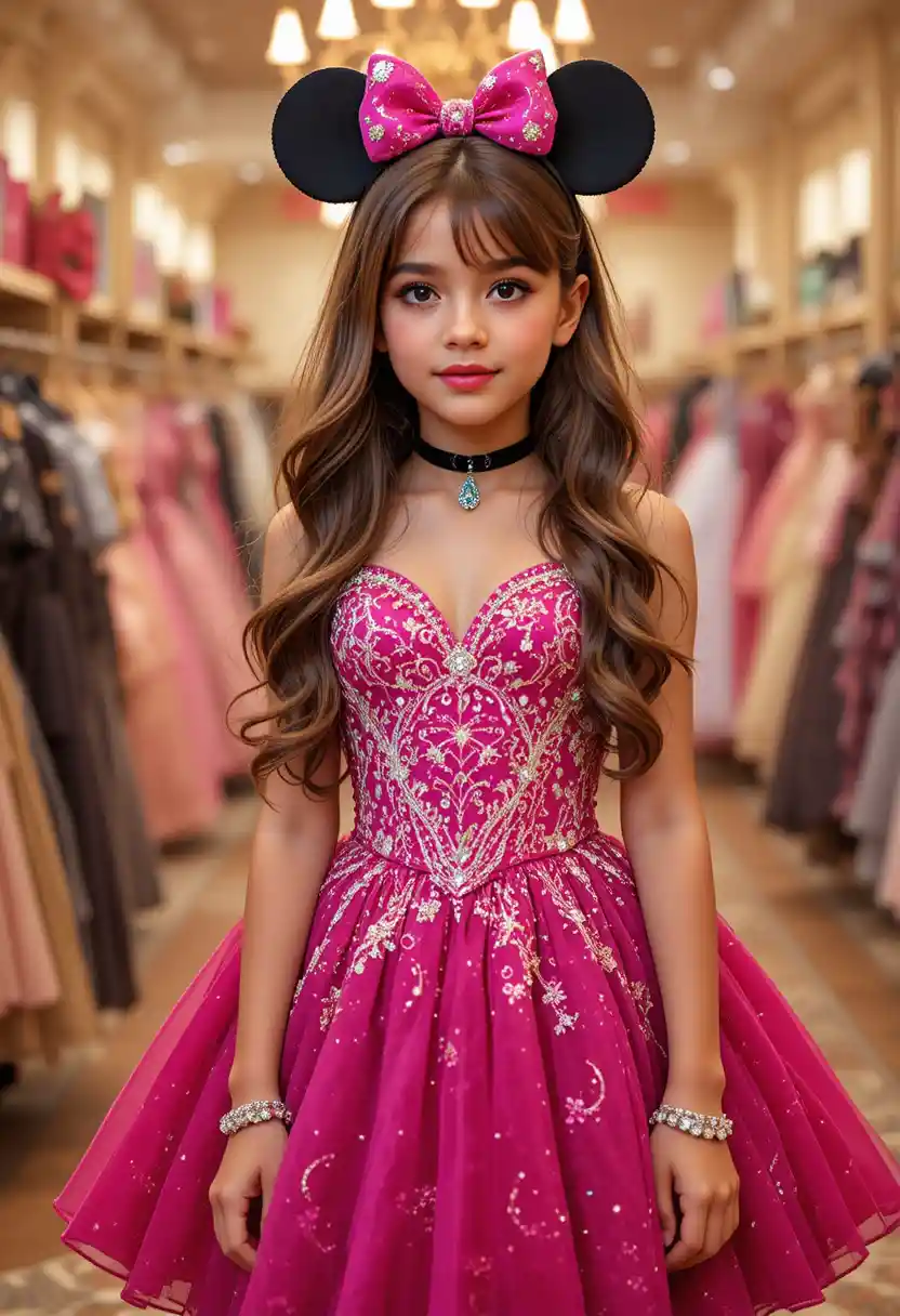 Junges Mädchen im pinken Minnie-Mouse-Kleid im Brautmodengeschäft