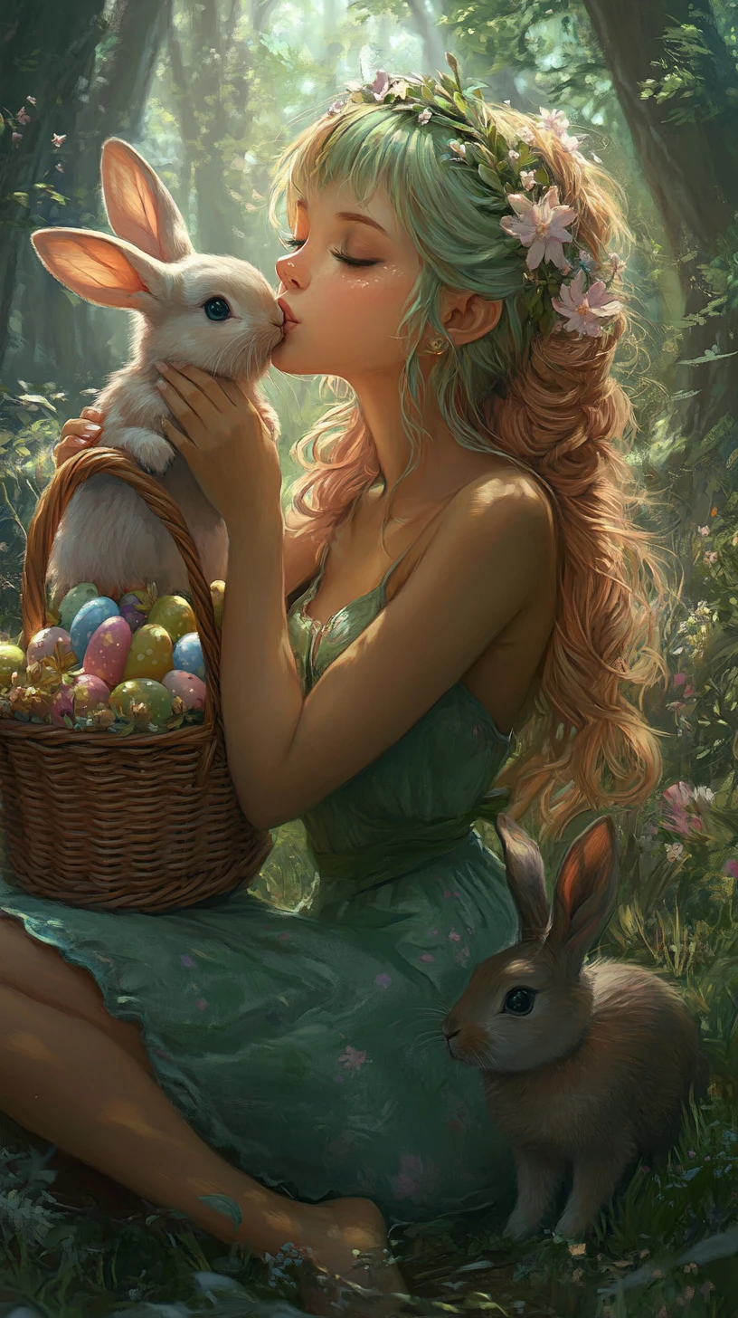 Woman kissing a rabbit in a dreamy forest scene