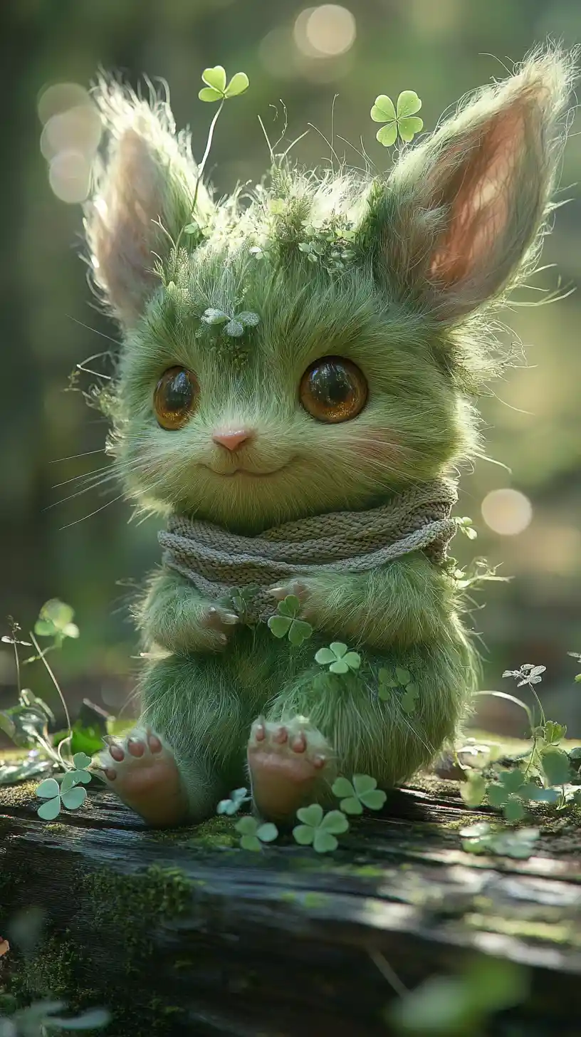 Whimsical mossy forest creature portrait with glowing eyes