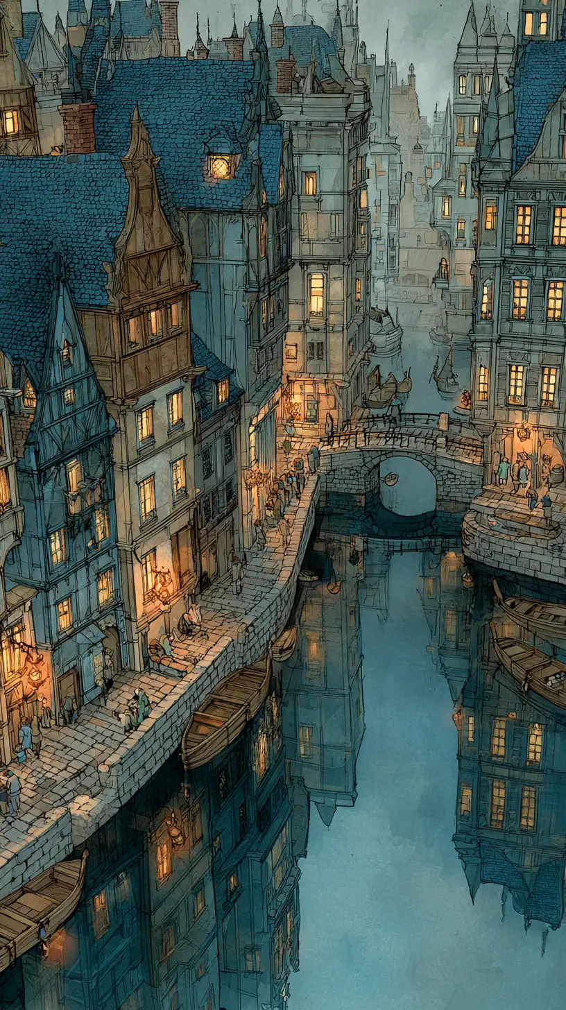 Medieval canal town at dusk with glowing lanterns