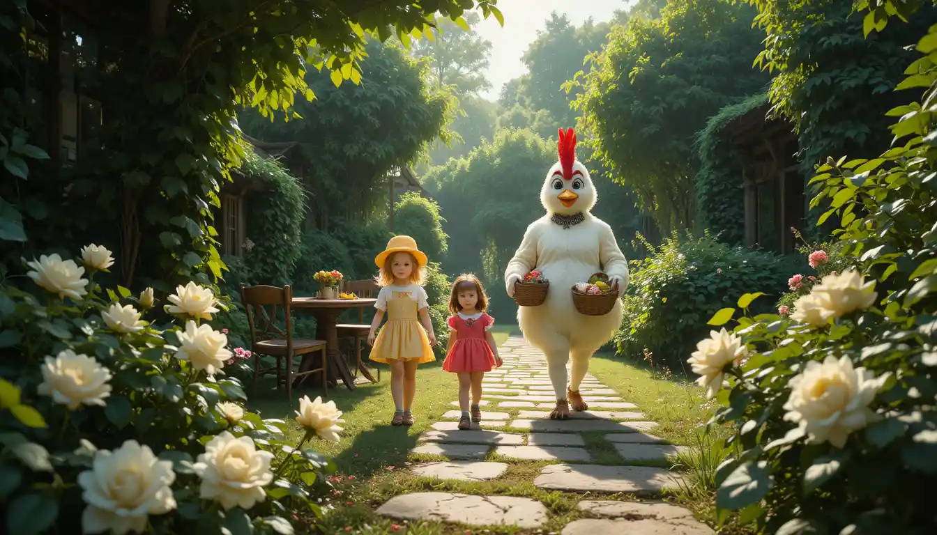 Children and a costumed figure walking through sunny garden