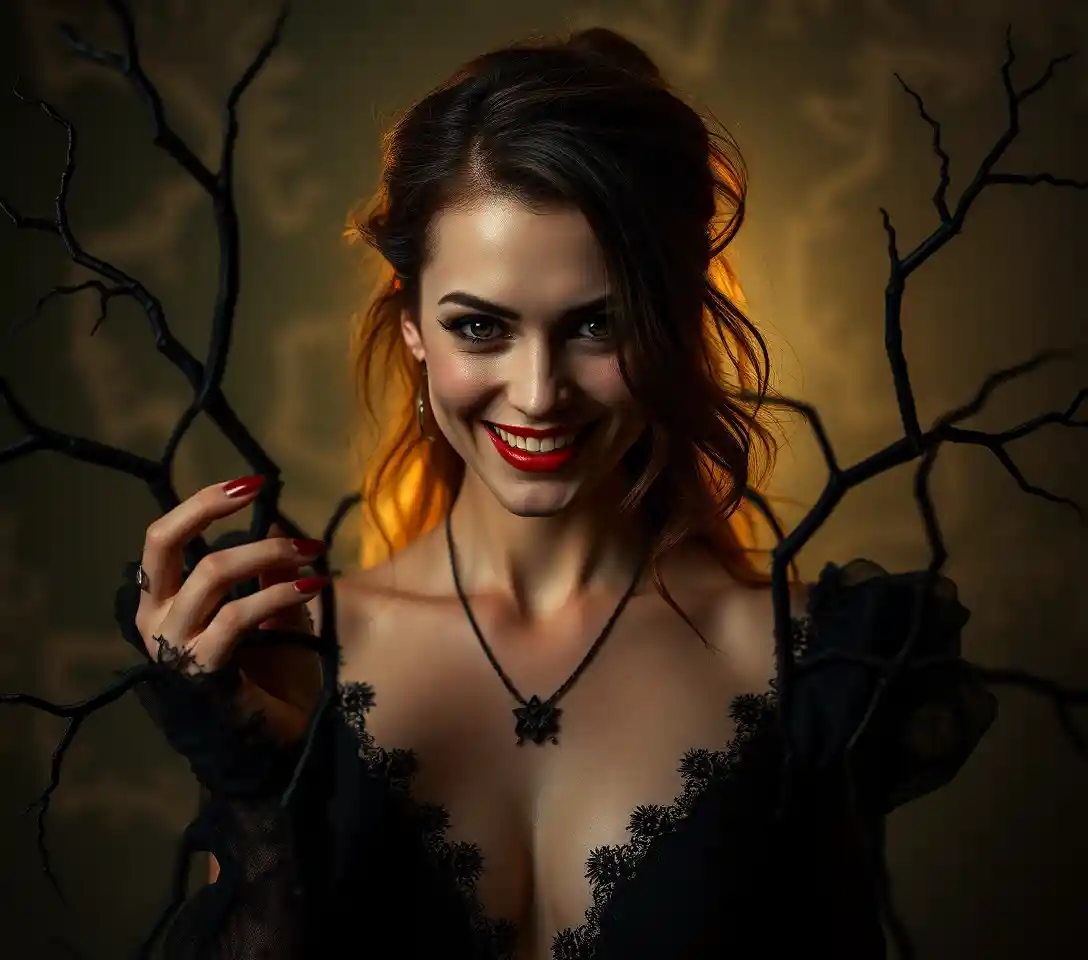 Smiling woman in surreal dark comedic horror scene
