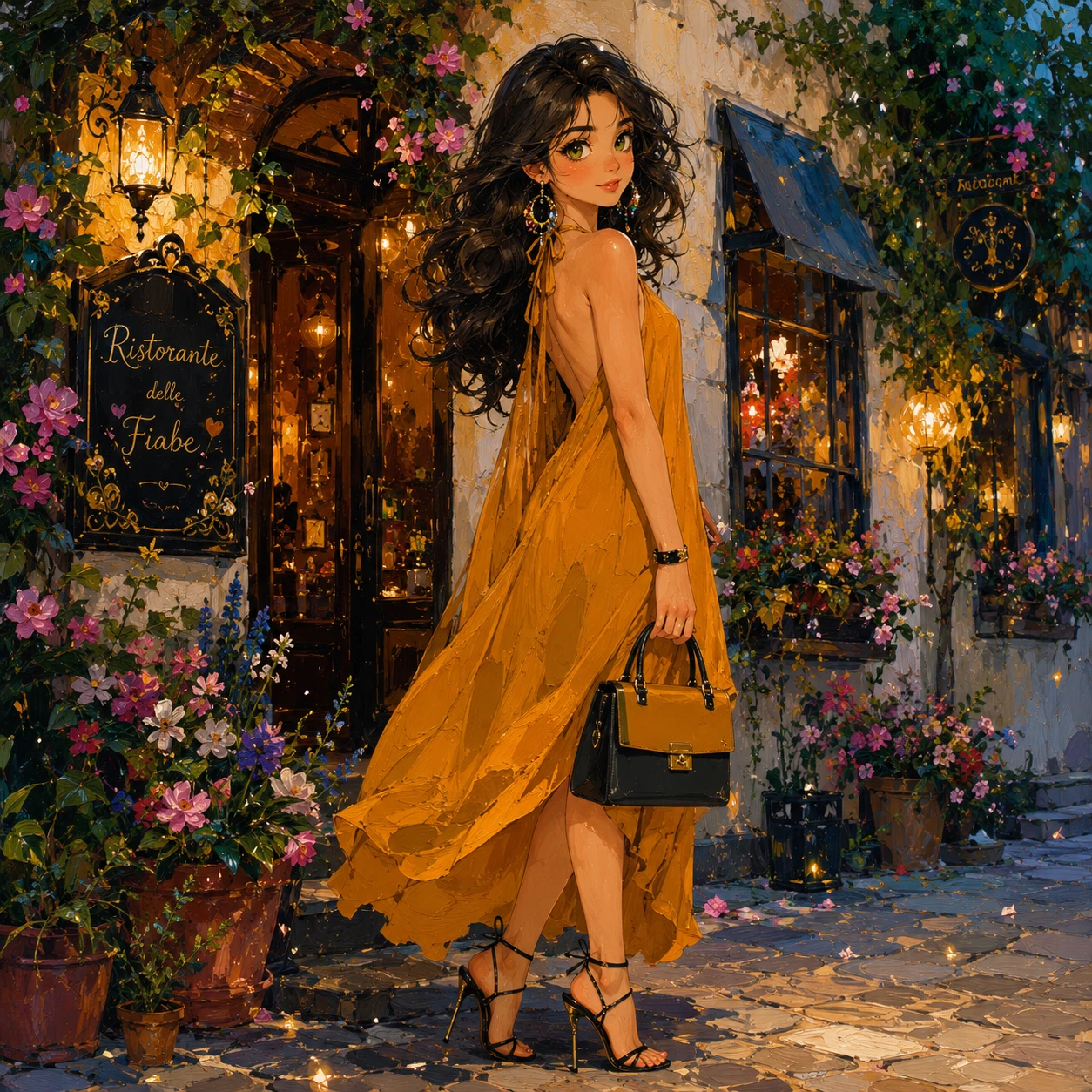Young woman in ochre dress outside a flower filled restaurant