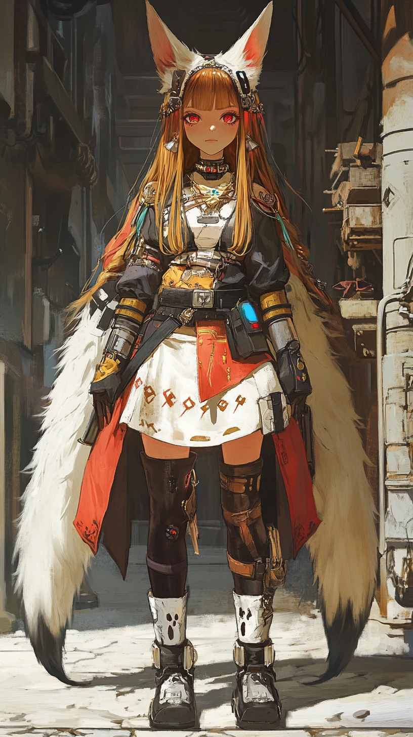 Anime girl in a surreal world of steel columns and snakes