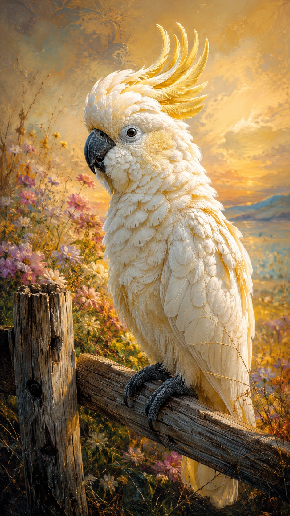 White cockatoo on rustic wooden fence in warm golden light