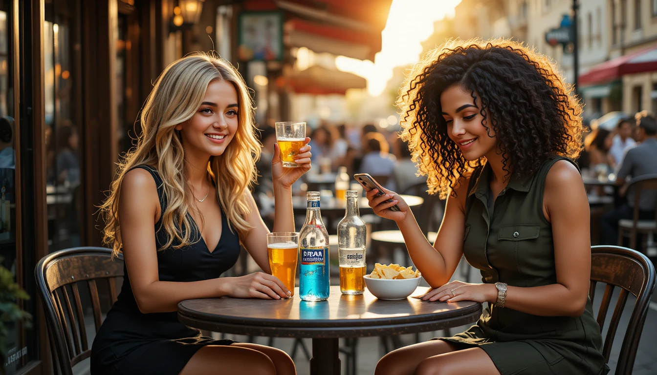 Two young women sharing drinks at an outdoor cafe