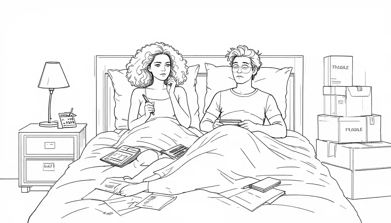 Minimalist couple in bed with boxes and paperwork