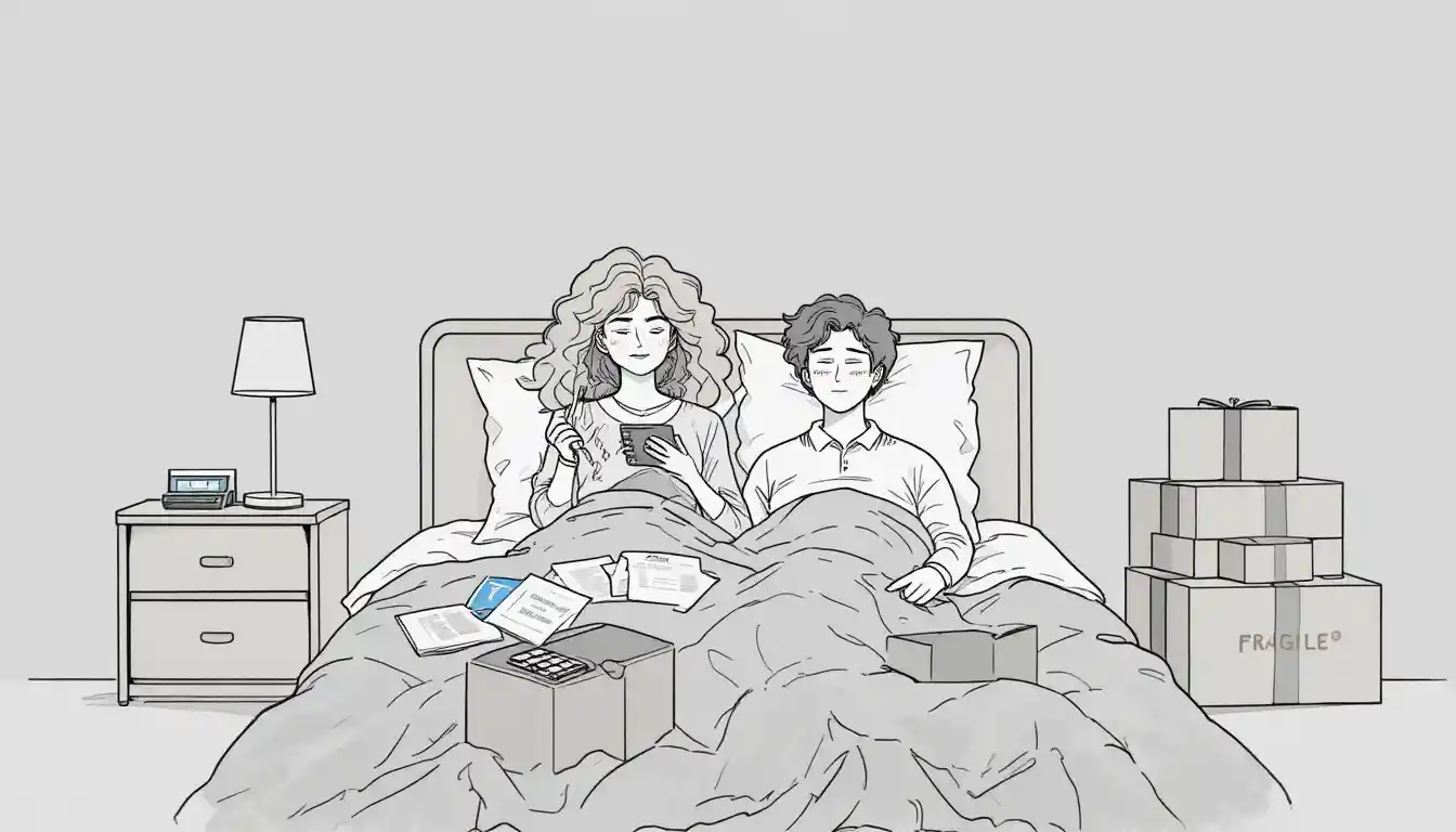 Couple In Bed With Papers And Boxes In Line Art Style