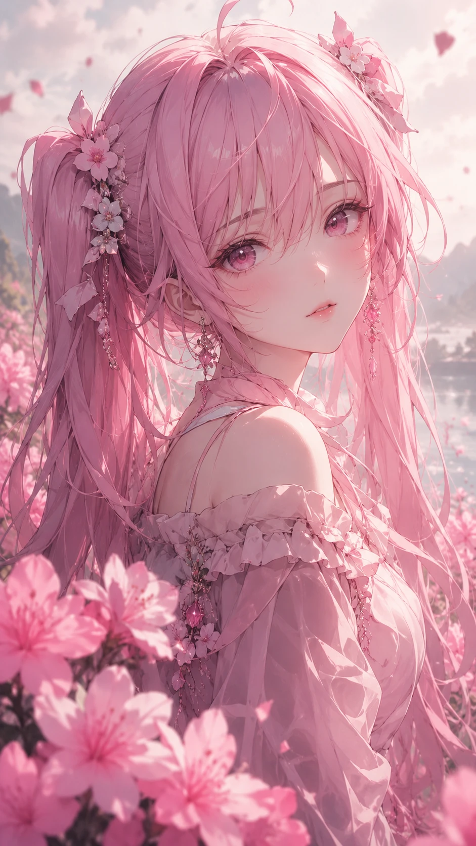 静かな花畑のピンク髪アニメ少女