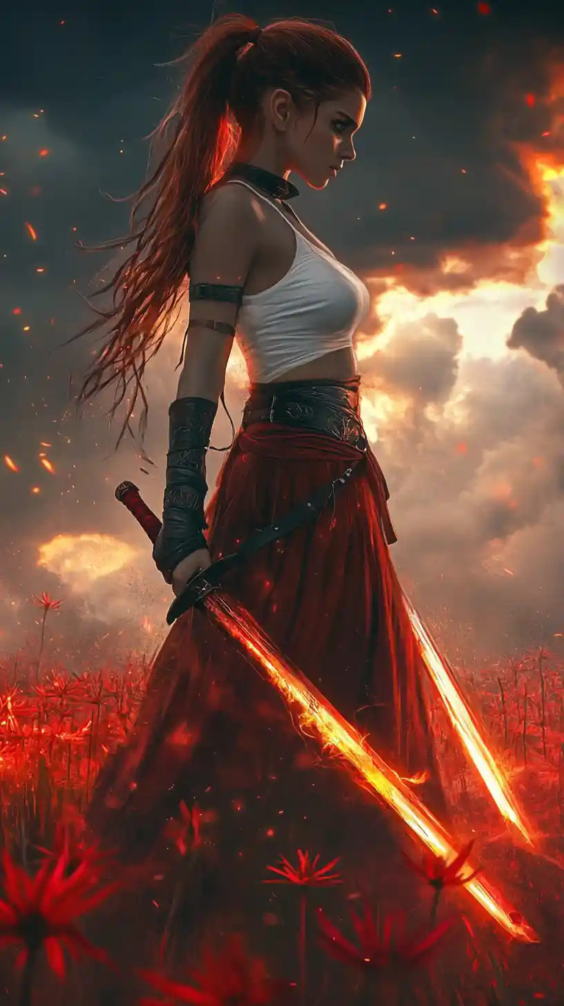Fiery haired warrior woman with twin flaming swords