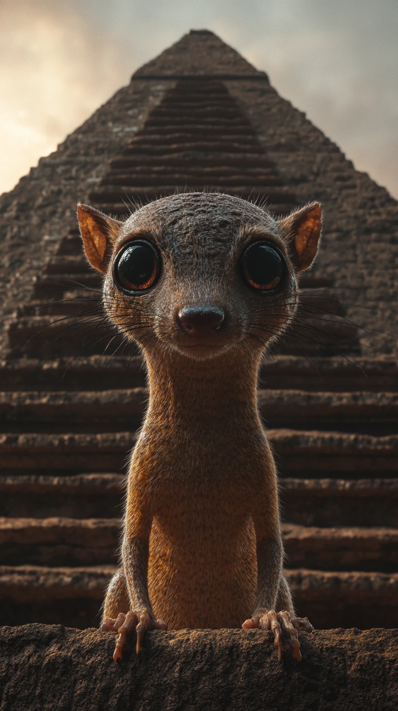 Insect like creature beside a giant earthen pyramid