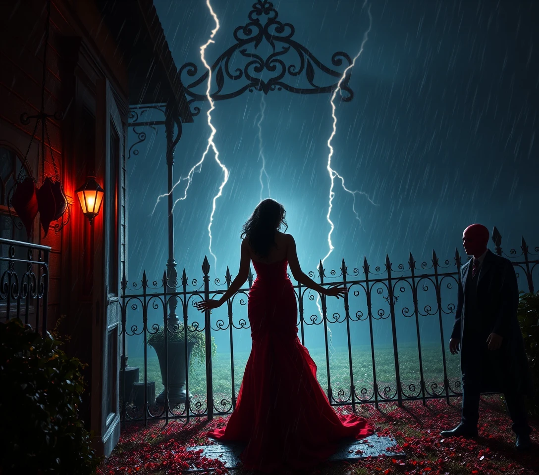 Woman in red dress under bloody umbrella in storm
