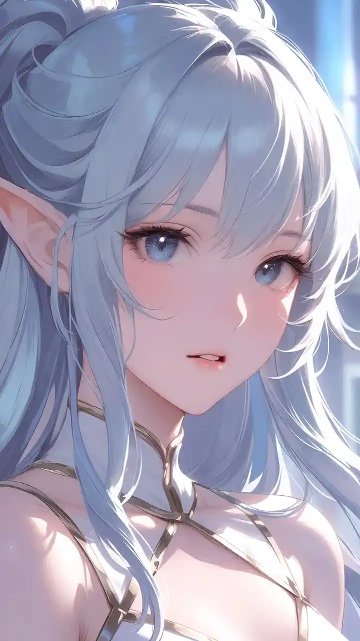 Pastel blue haired elf girl in serene full body view