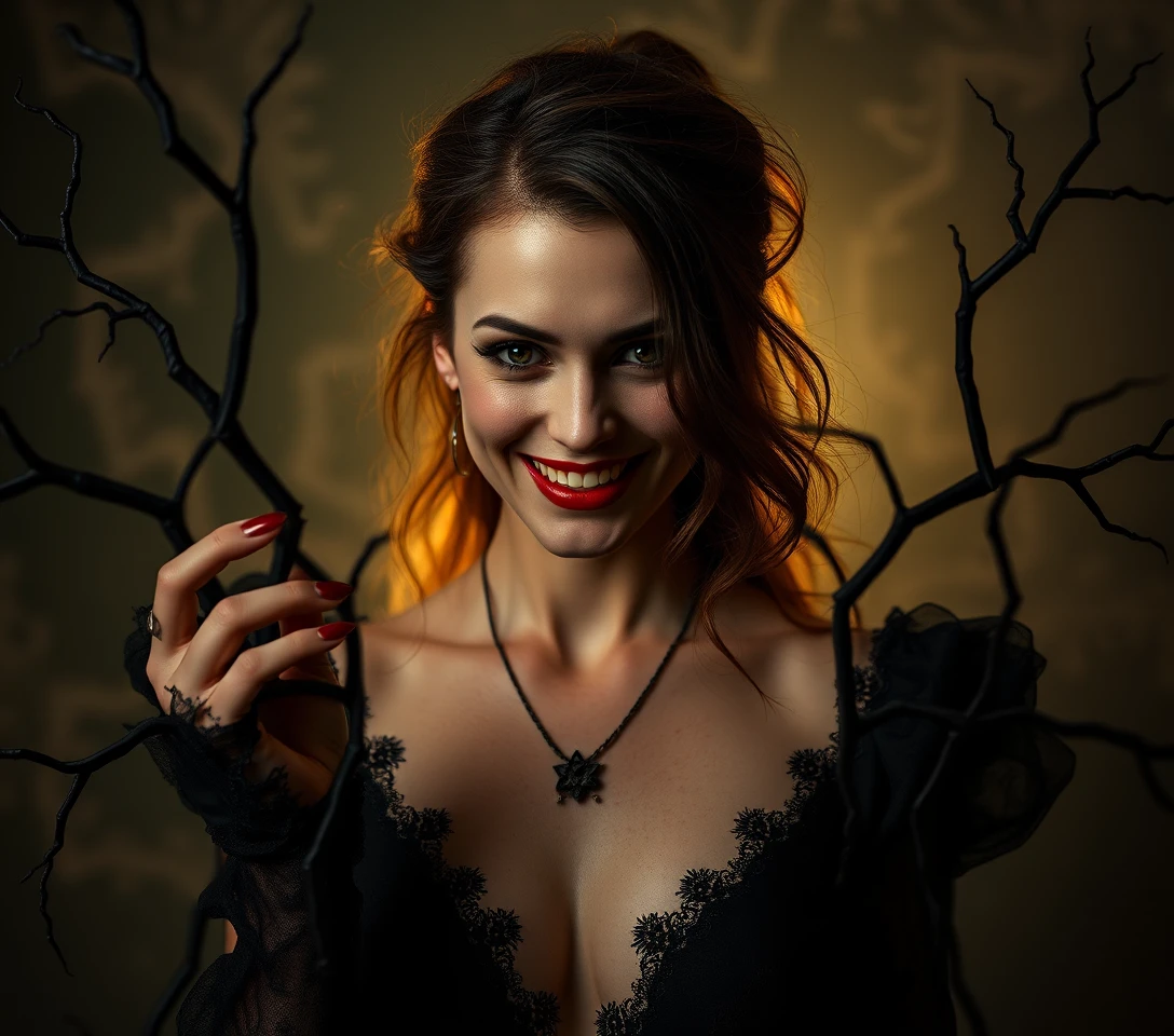 Smiling woman in surreal dark comedic horror scene