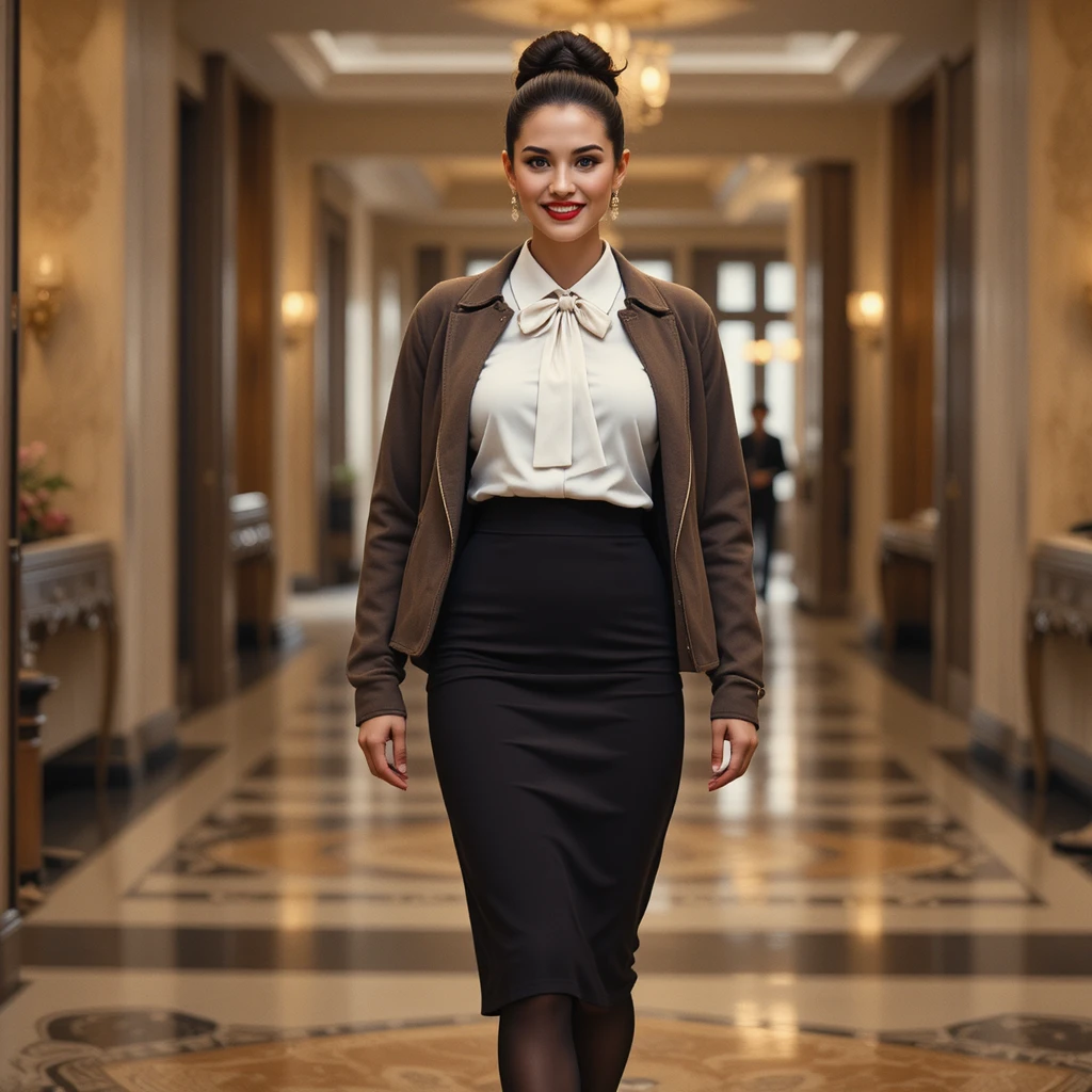 Elegant woman walking through a modern hotel foyer