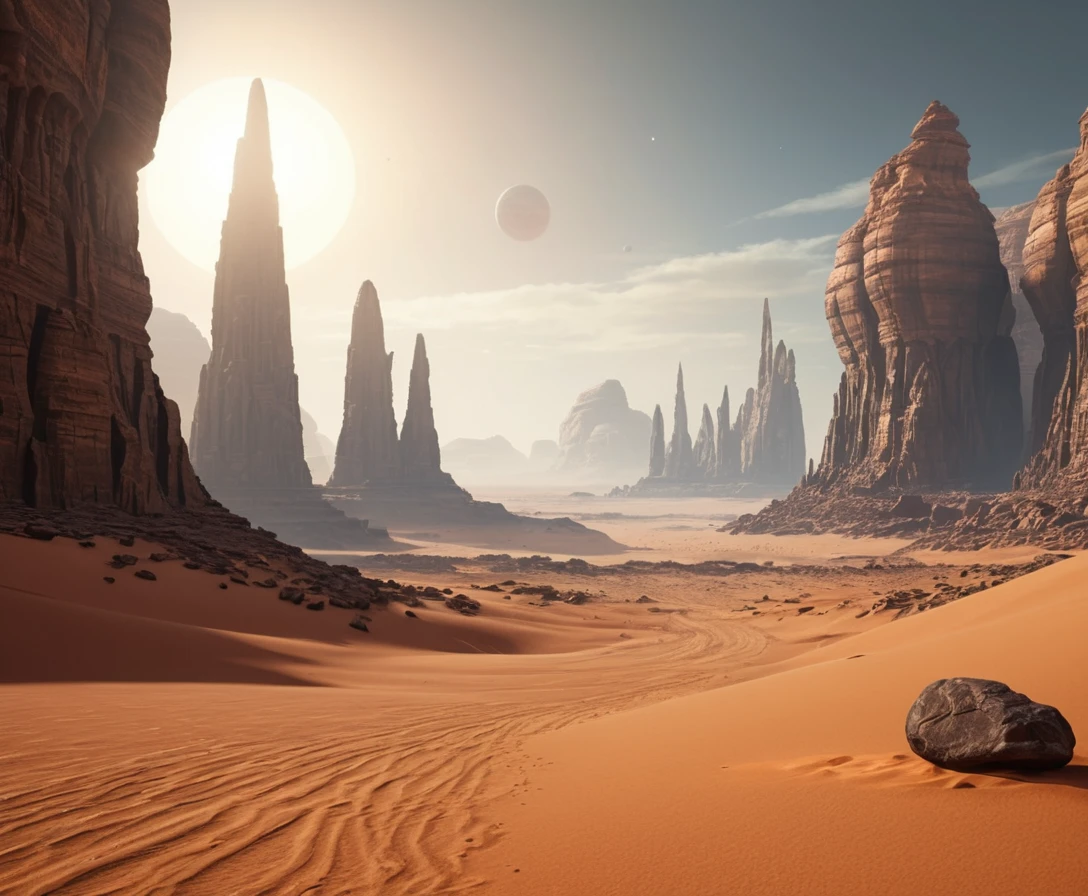 Paisaje desértico alienígena bajo soles gemelos con formaciones rocosas