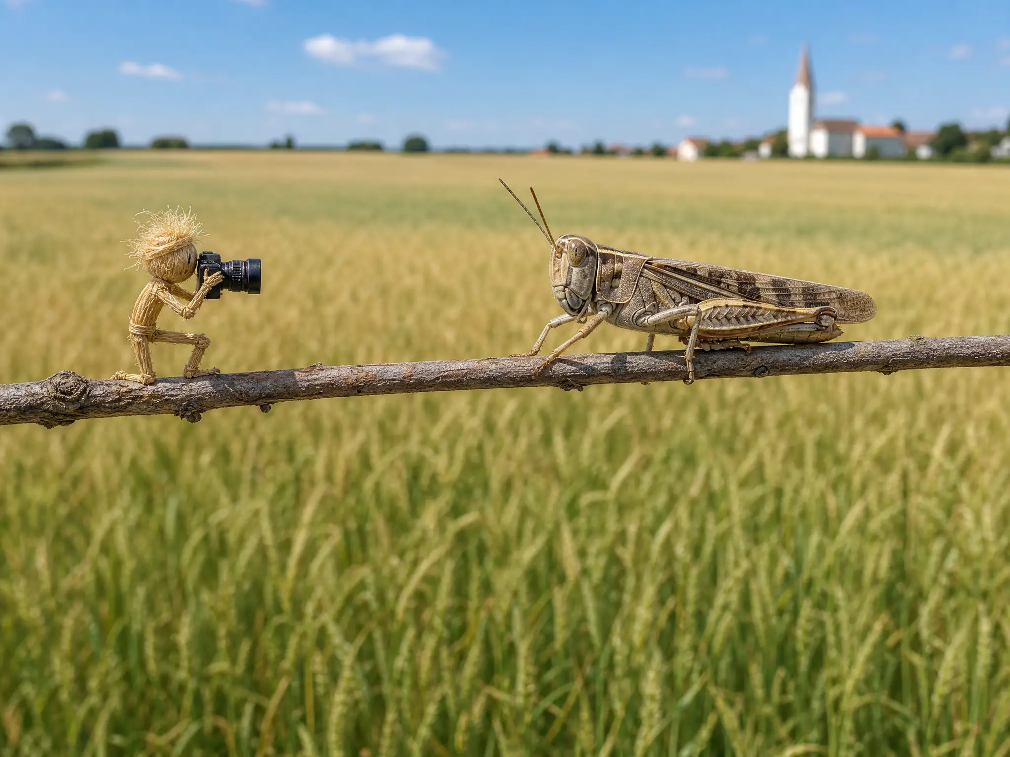 Grasshopper portrait on a wheat field with tiny straw figure