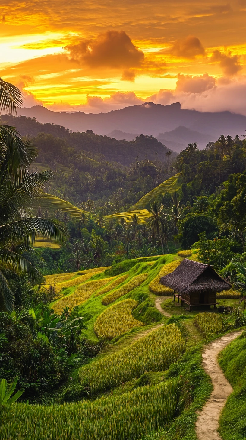 Sunrise Over Tropical Rice Terraces And Distant Misty Mountains