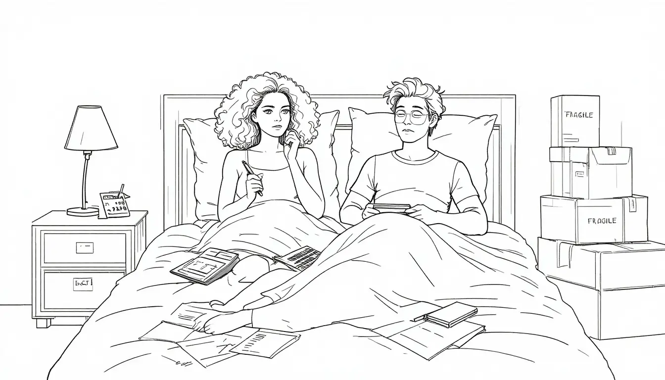 Minimalist couple in bed with boxes and paperwork
