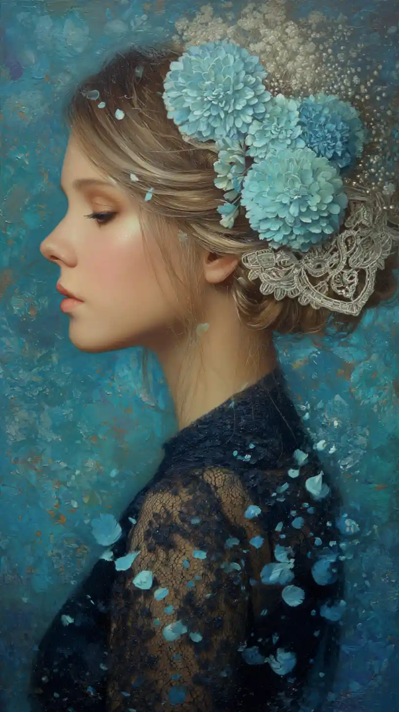 Dreamy portrait of a freckled girl with blue flowers