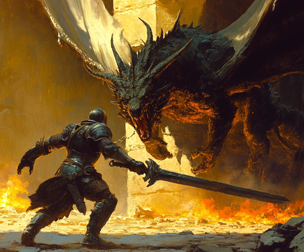 Medieval knight facing a massive dragon at dusk