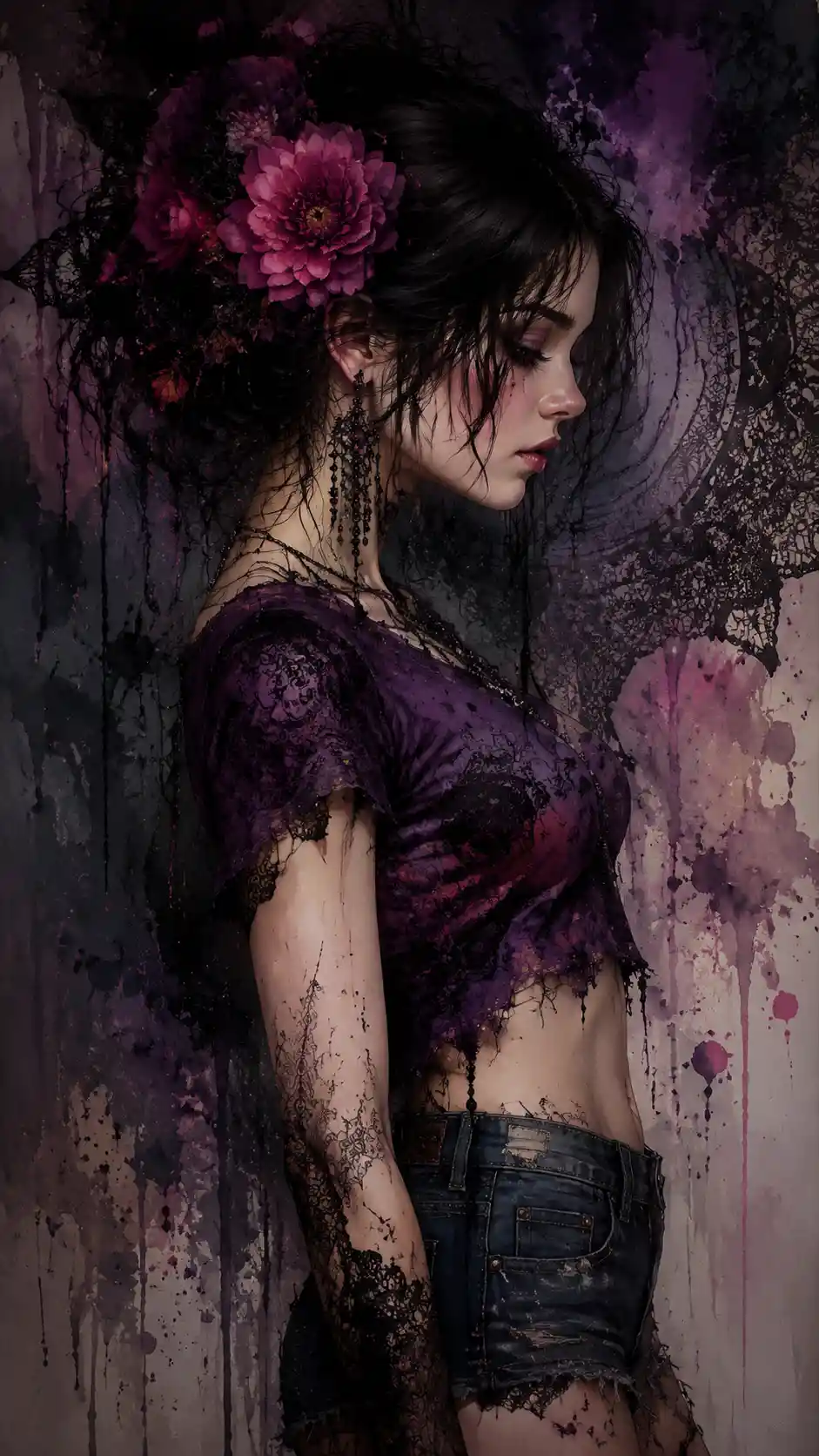 Gothic girl in profile with flowers and lace patterns