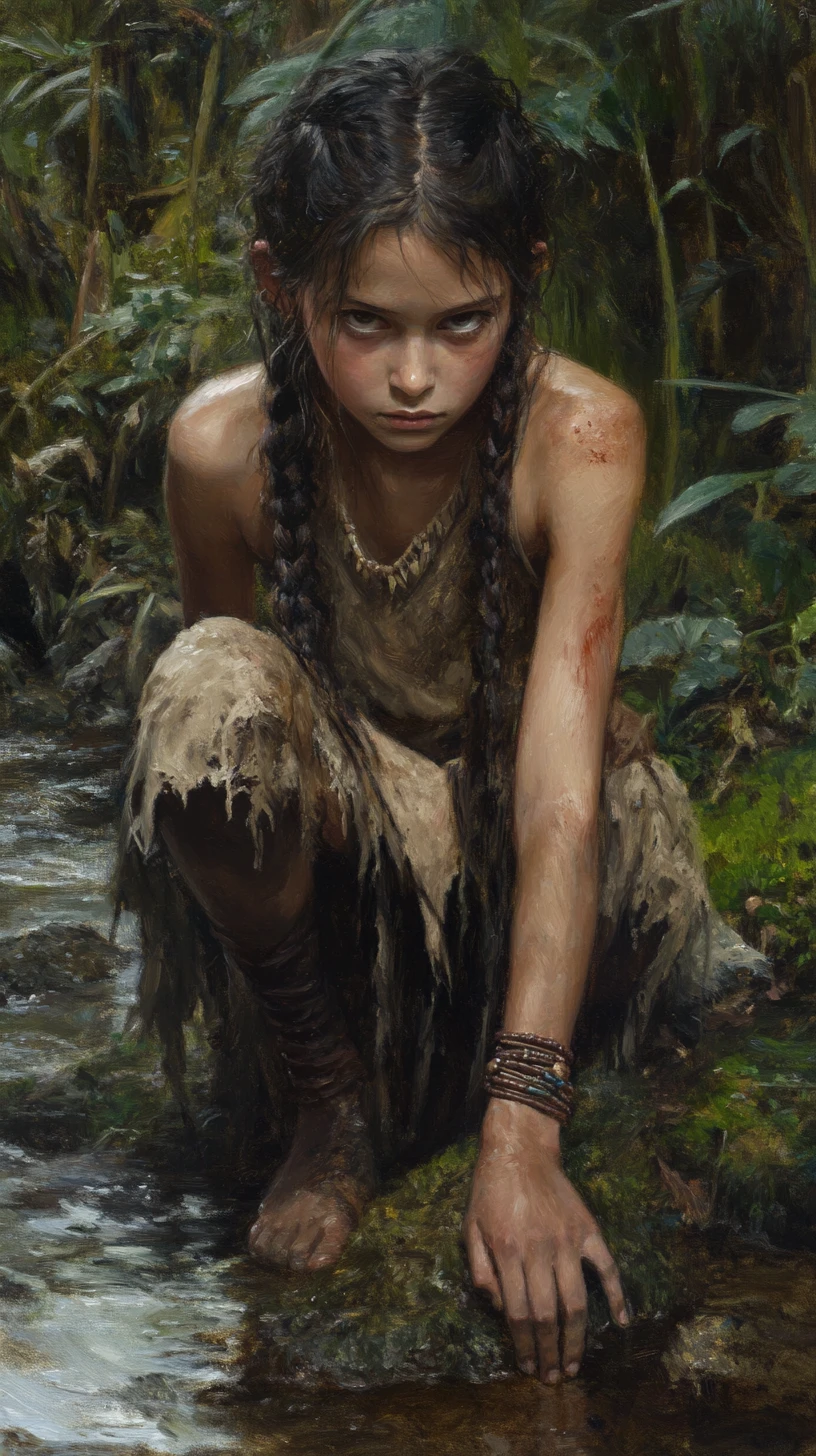 Joven chica tribal sobre roca cubierta de musgo en arroyo de la jungla