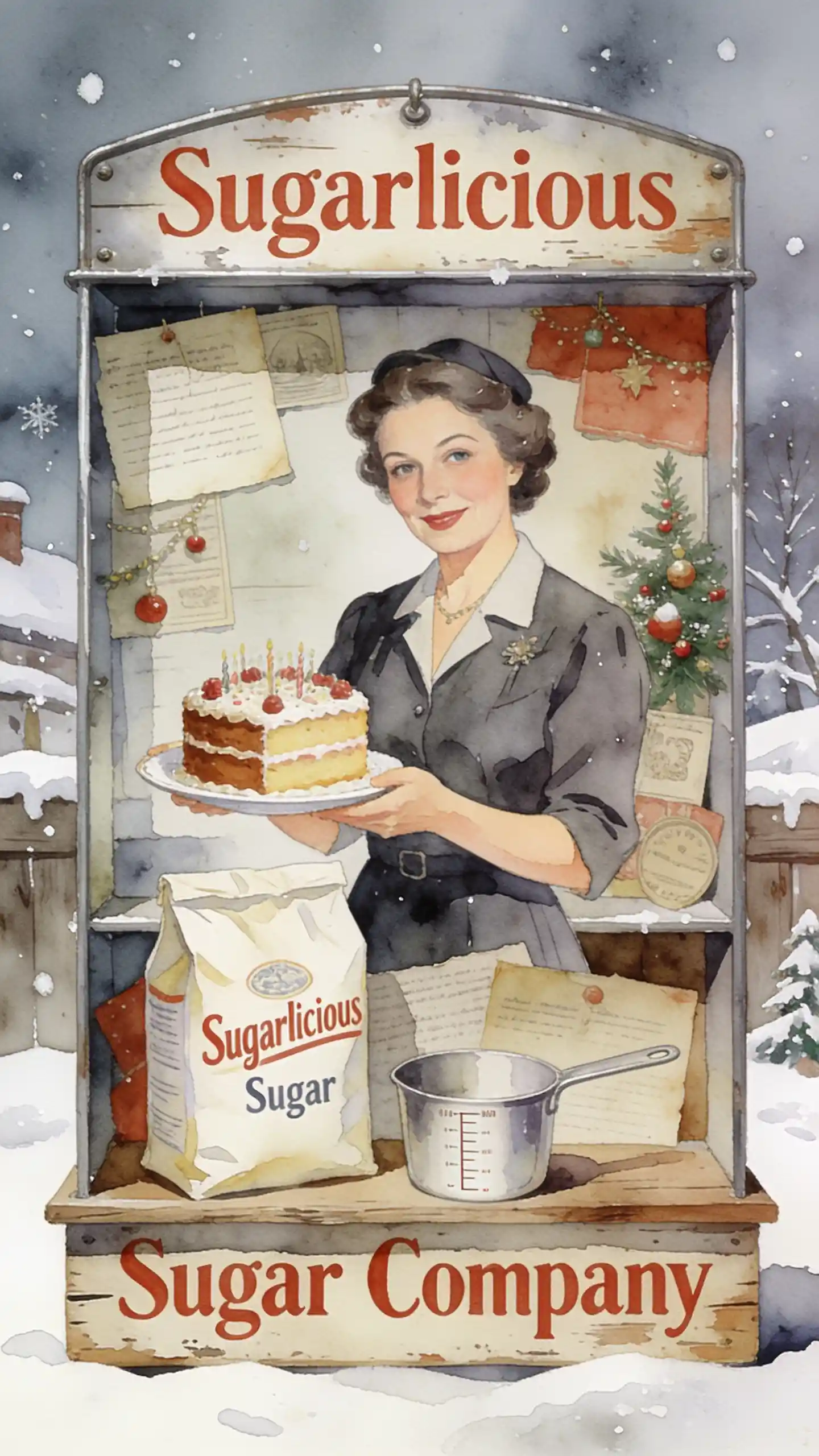 Vintage watercolor birthday sugar ad with smiling woman