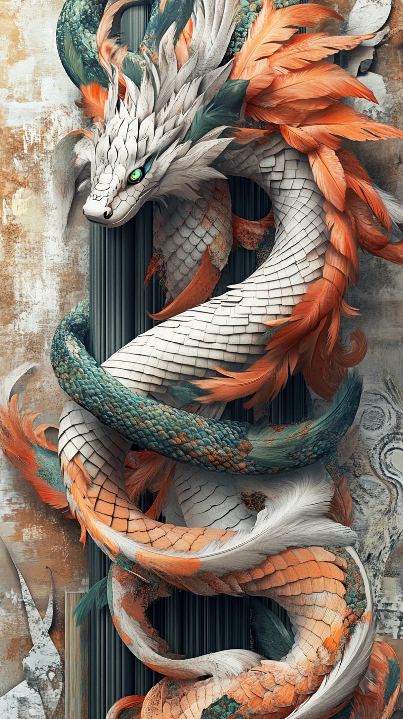 Braided steel columns with colorful feathered wooden dragons