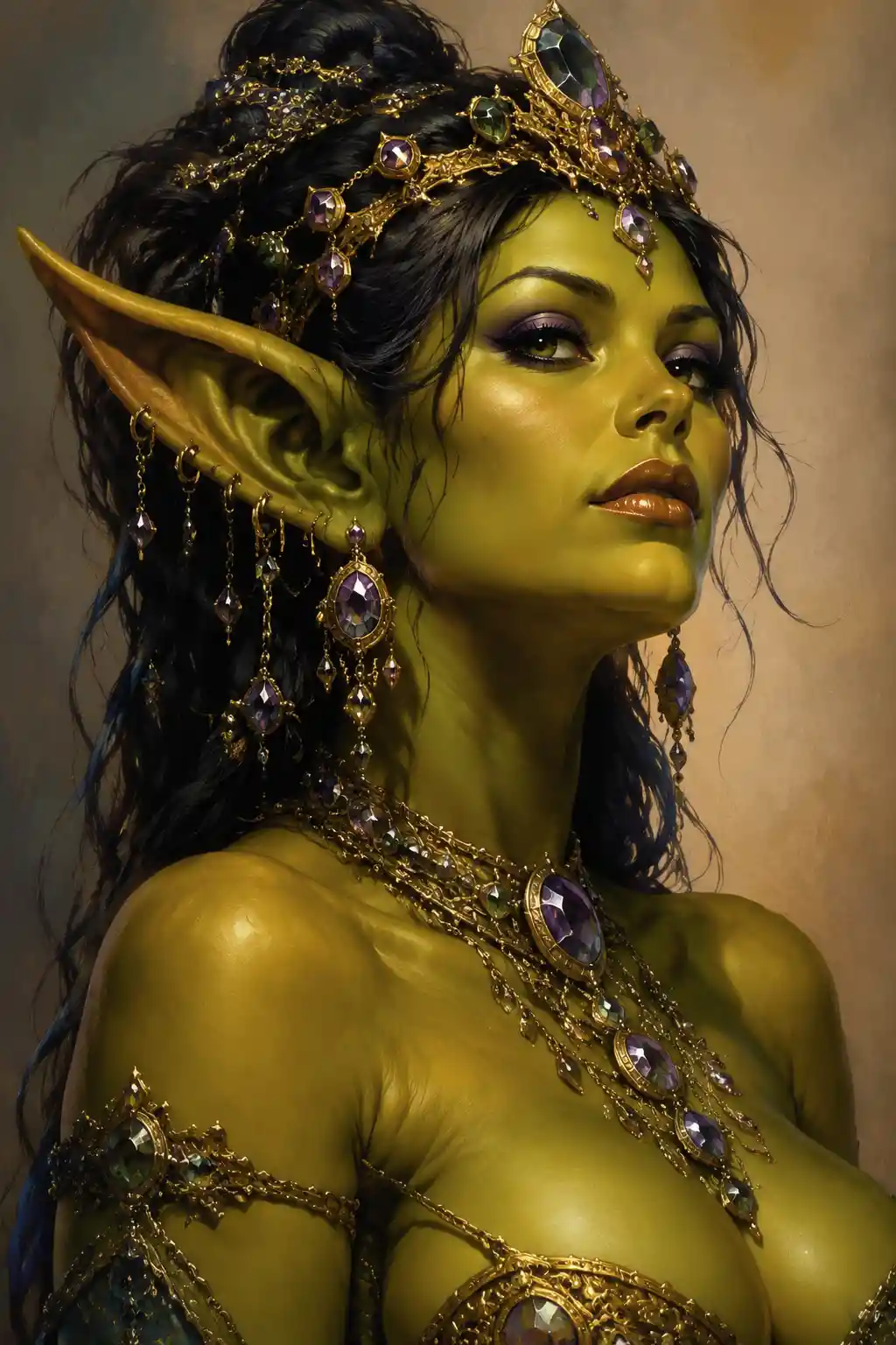 Regal fantasy goblin queen portrait in close profile view