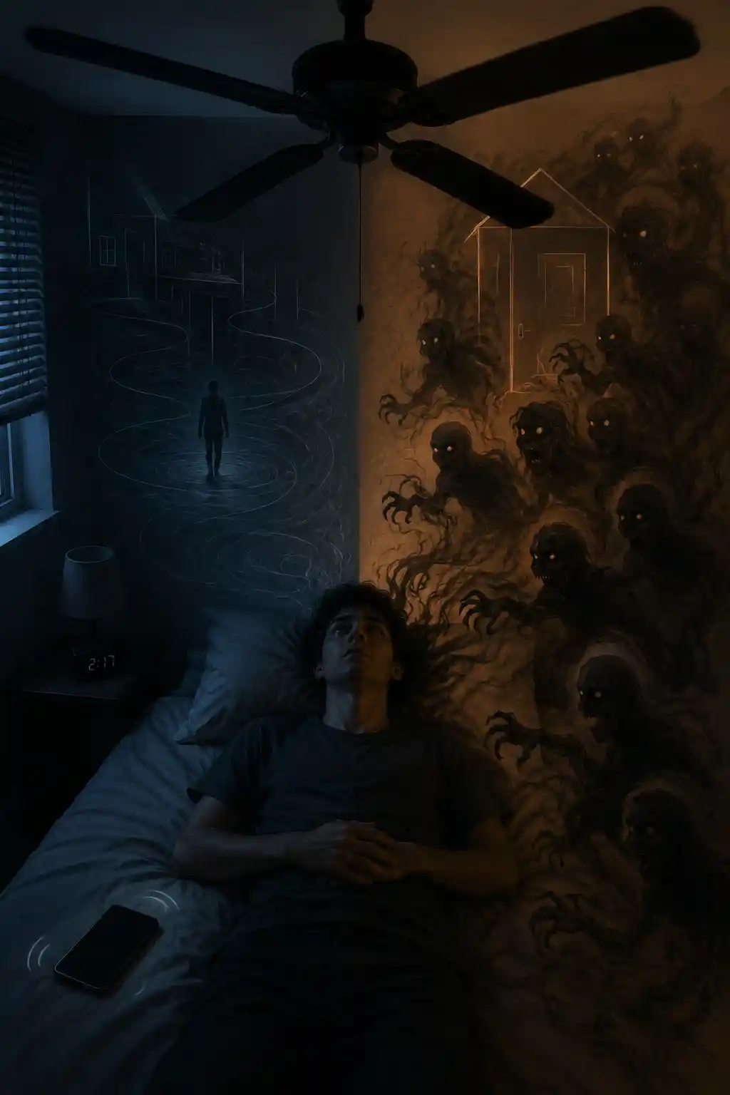 Person lying beneath a ceiling fan staring into the half lit room