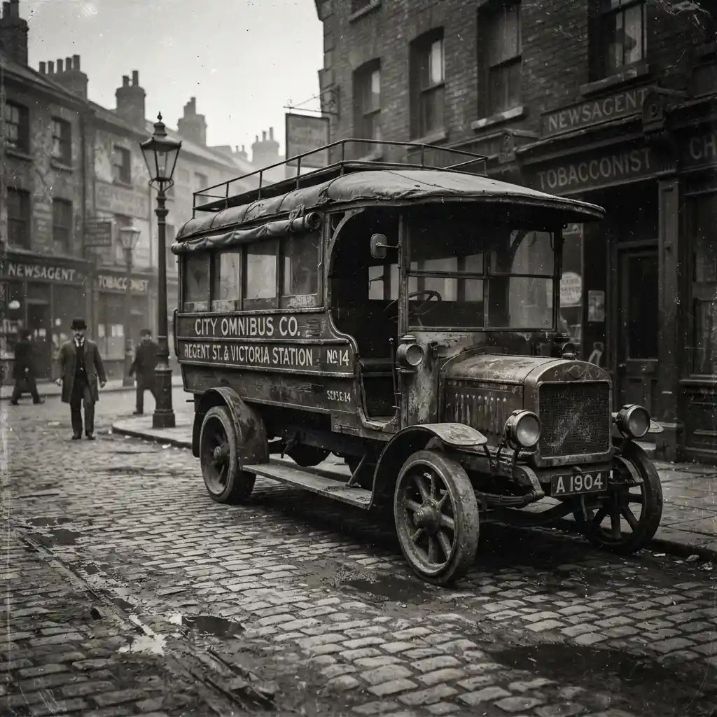 Weathered early 1900s bus on a faded city street