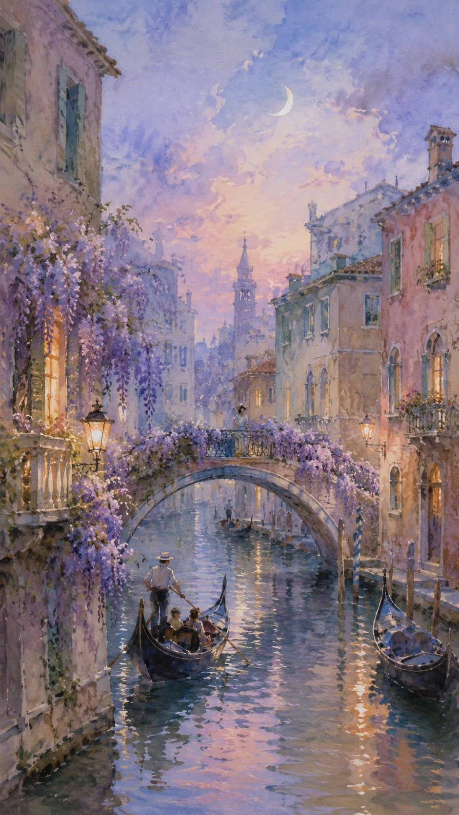Ciudad de canales al atardecer con góndolas y paseo marítimo en tonos pastel