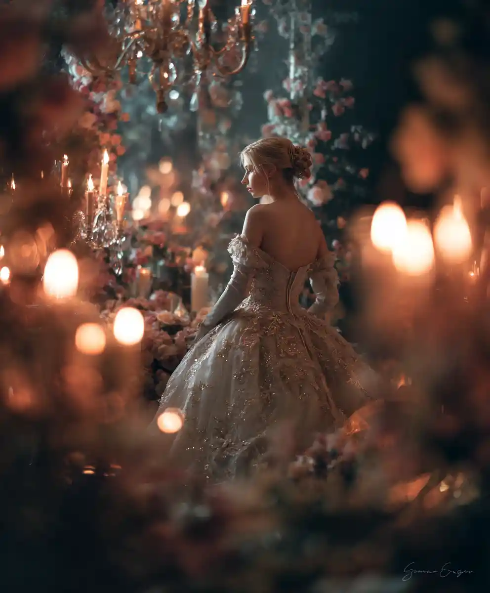 Romantic fantasy royal couple in candlelit fairy tale world