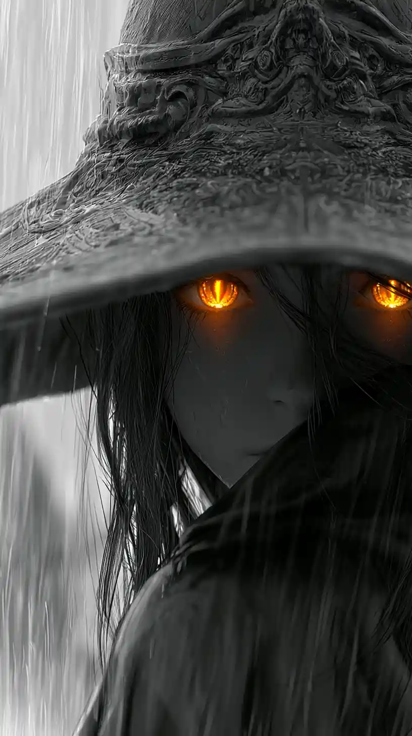 Anime witch girl with glowing eyes in heavy rain