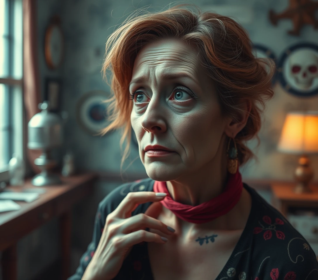 Anxious surreal woman in a playful comic horror scene