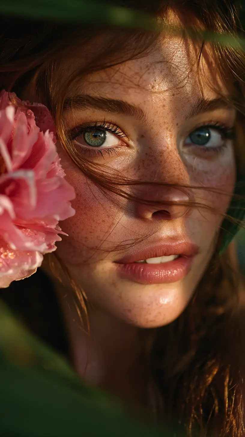 Young woman portrait in golden hour botanical garden