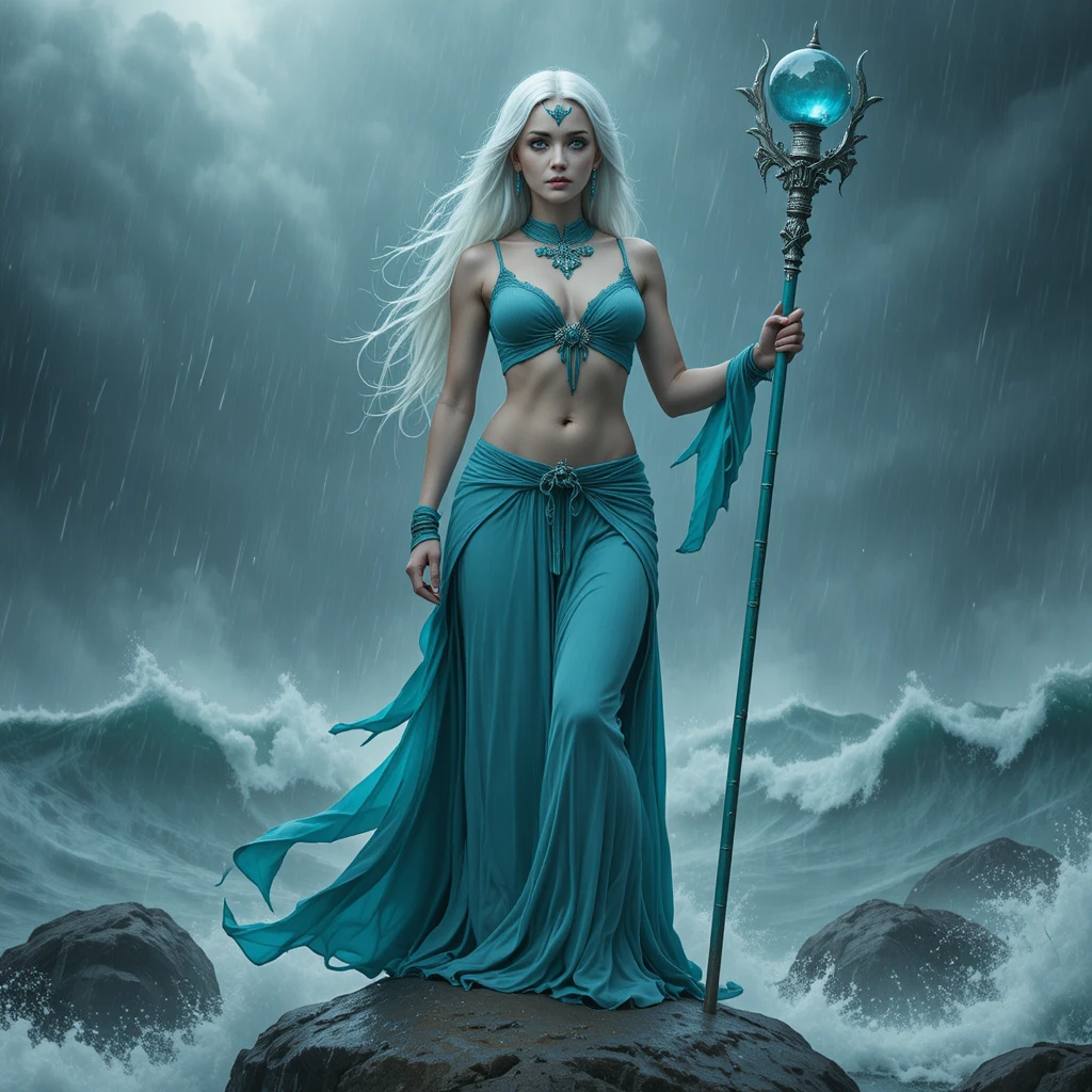 White haired sorceress on a stormy coastal boulder