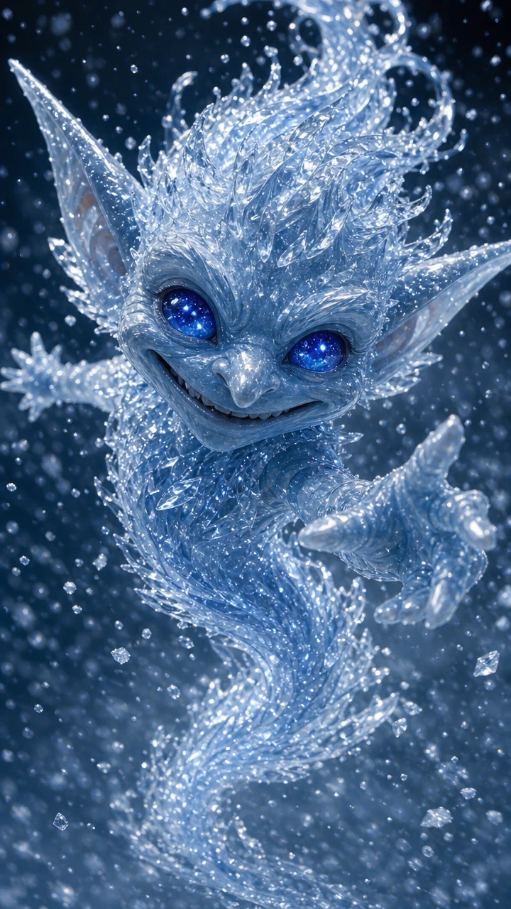 Playful ice crystal goblin dancing in a swirling snowstorm