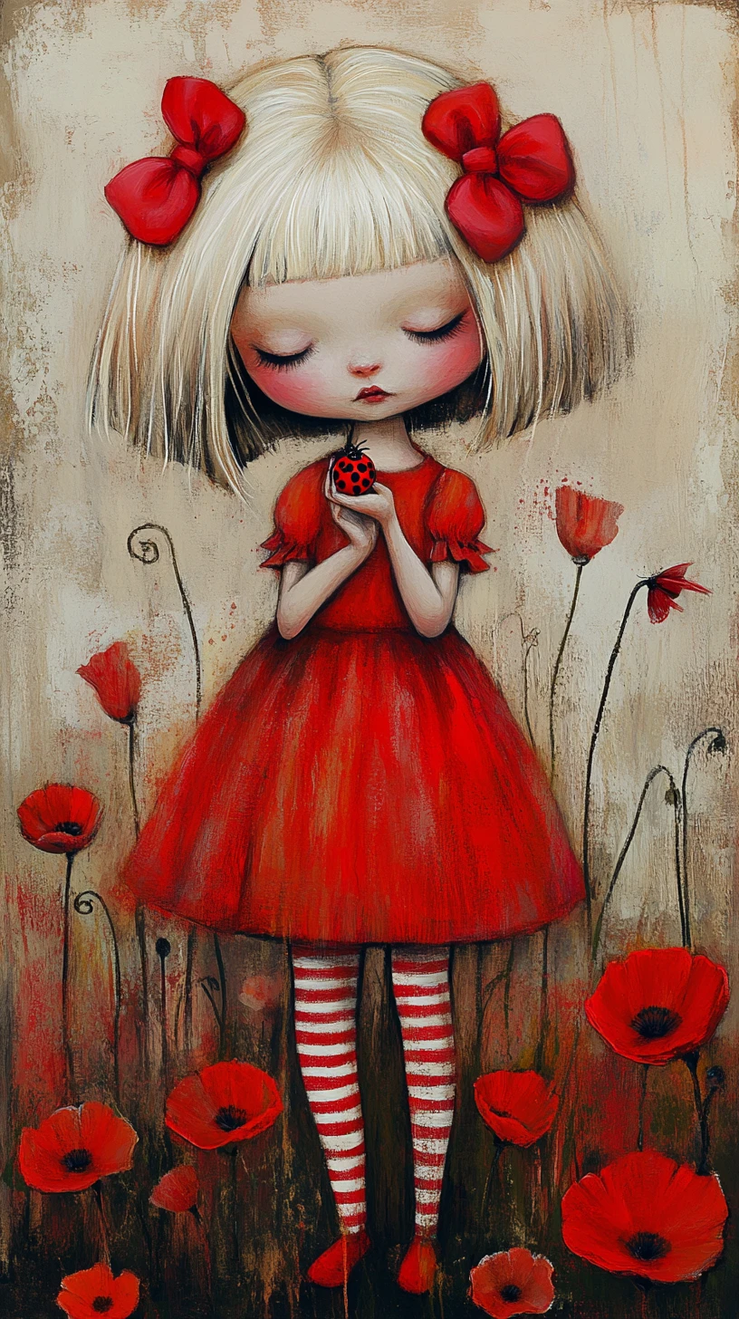 Little girl with red bow among surreal red poppies