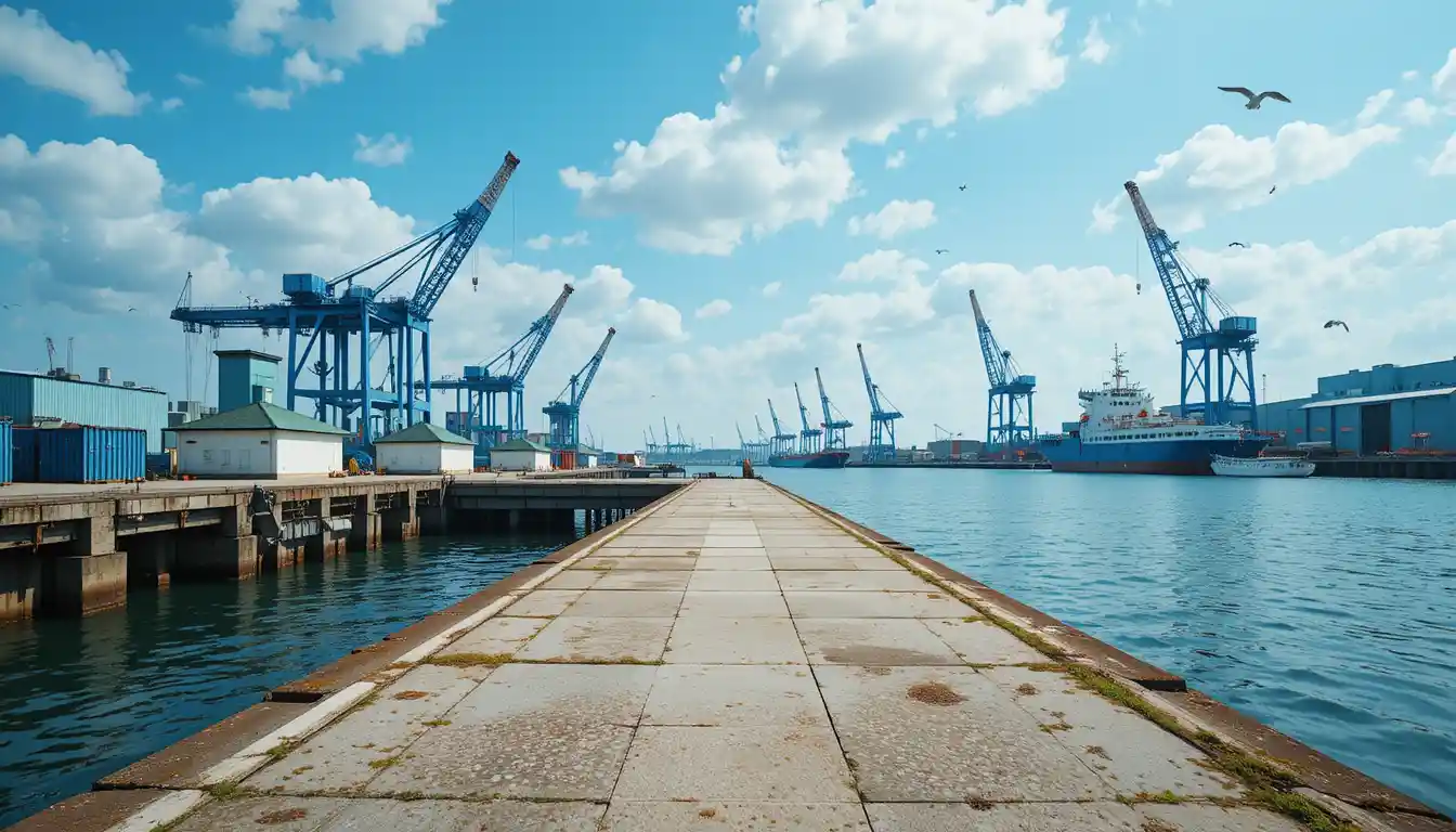 Weite Industrieszene im Hafen mit Kränen und Hafenanlagen