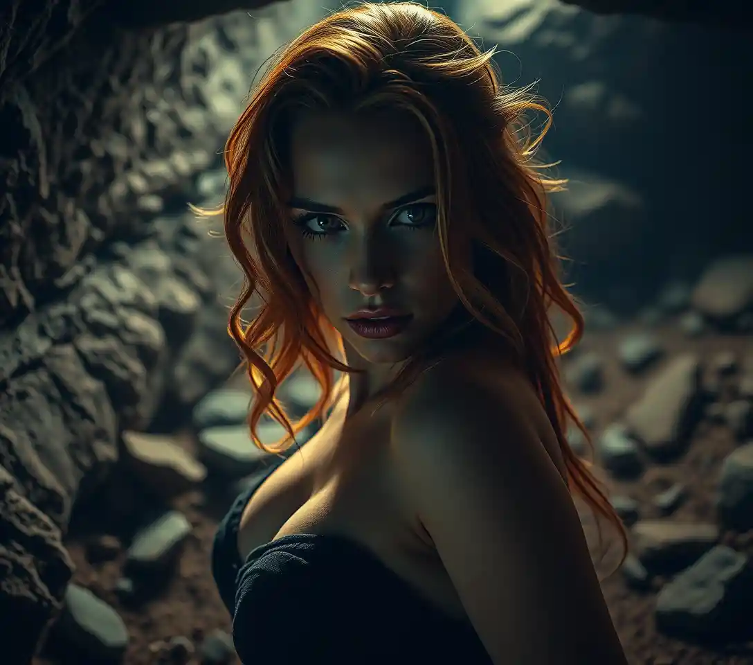 Surreal woman crawling through a dark underground cave