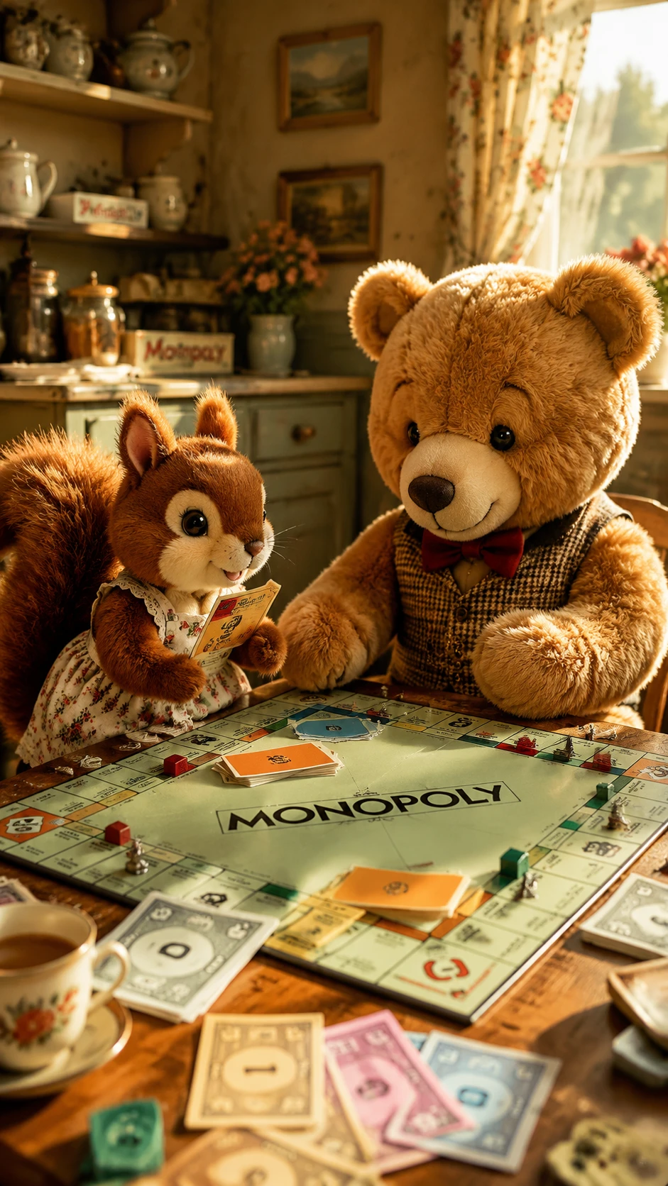Plush squirrel and bear playing Monopoly in sunny room