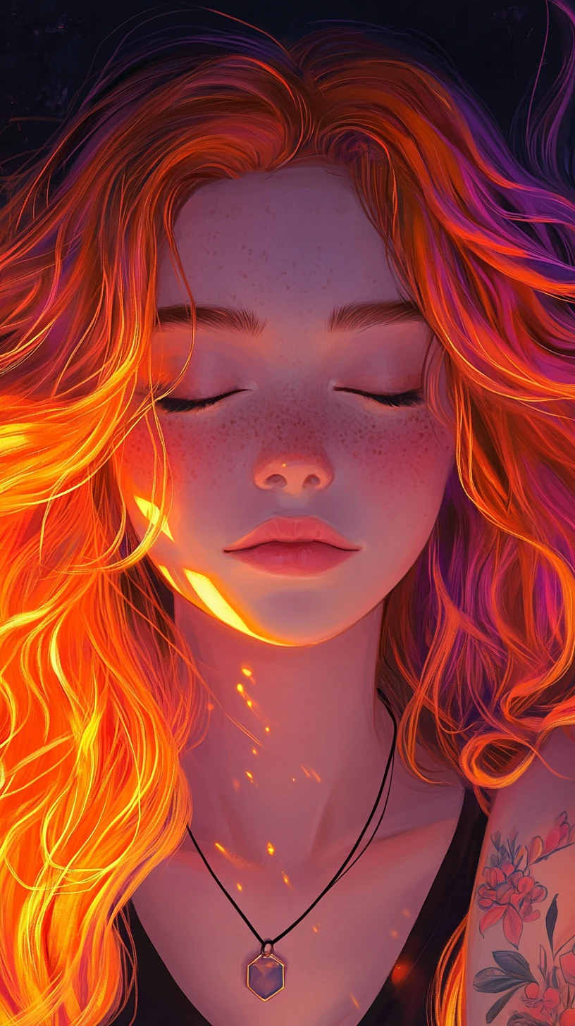 Serene anime girl with flowing fiery hair and tattoo