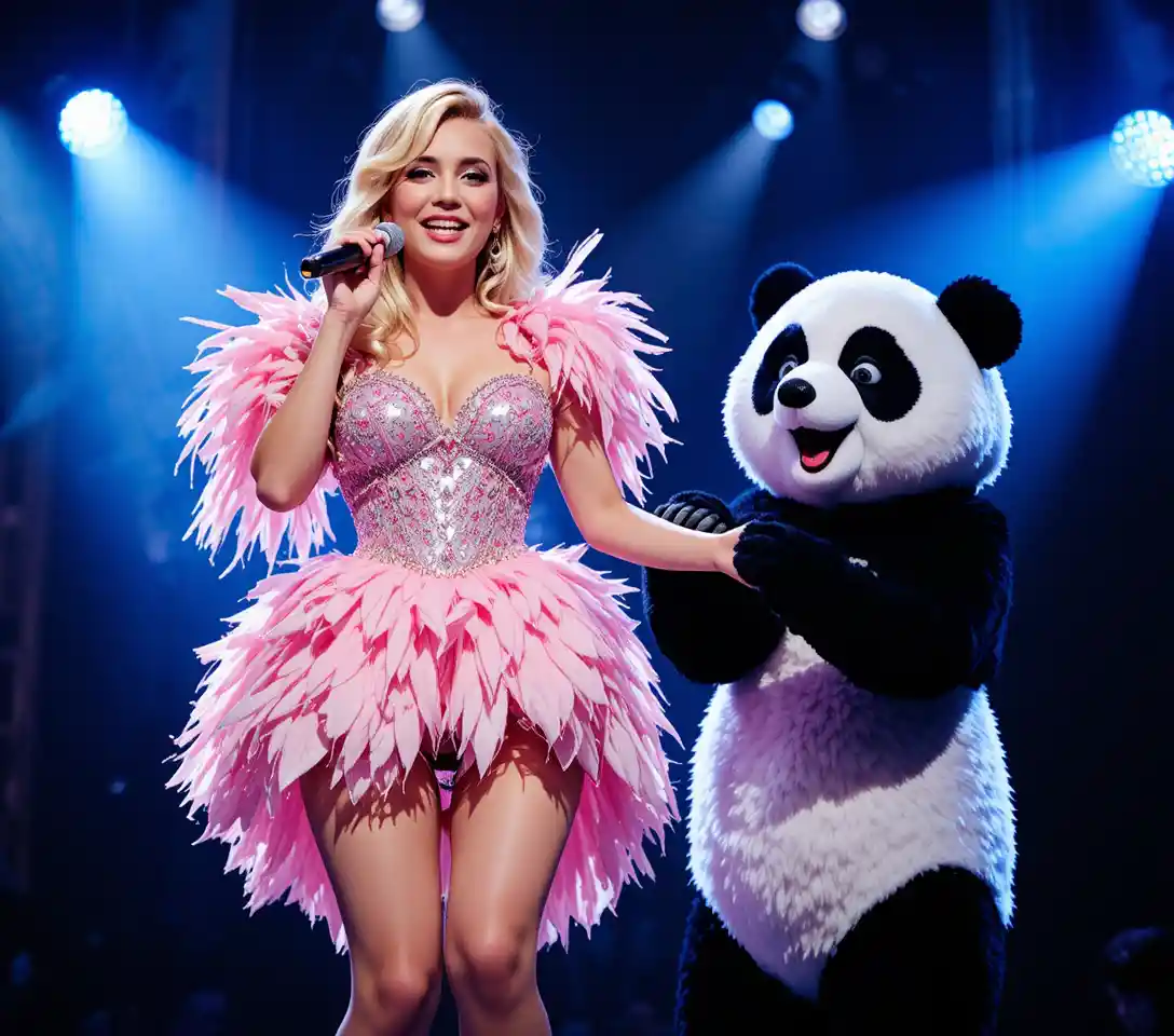 Singer in pink dress holds hands with panda mascot onstage