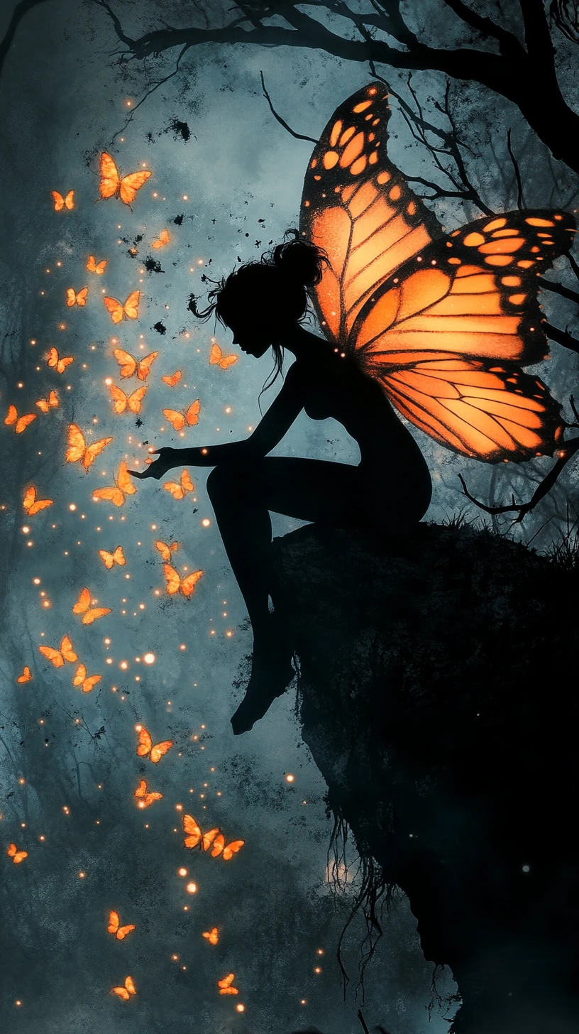 Fairy Silhouette With Glowing Orange Butterfly Wings On Cliff