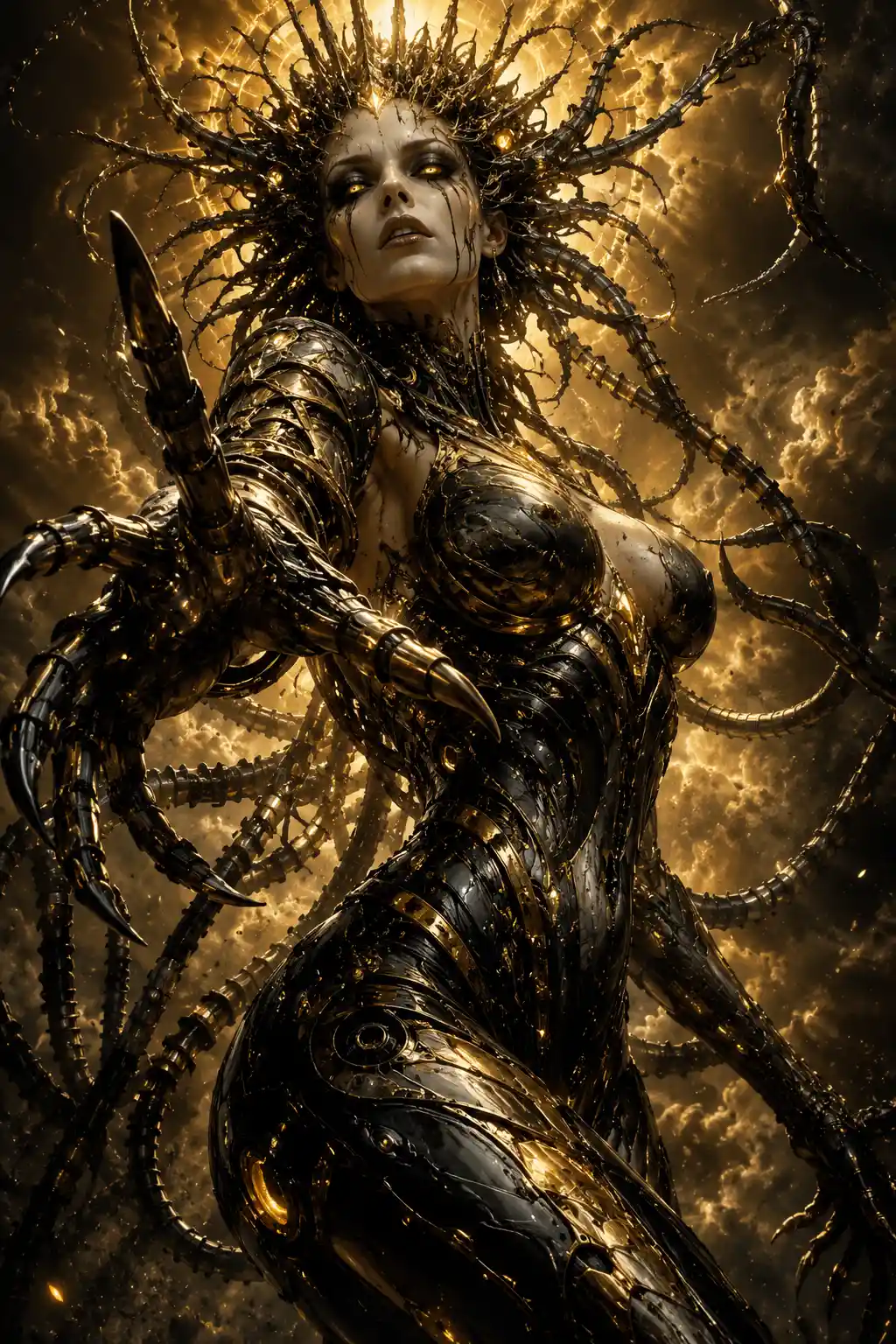 Biomechanical woman with golden energy and clawed arm