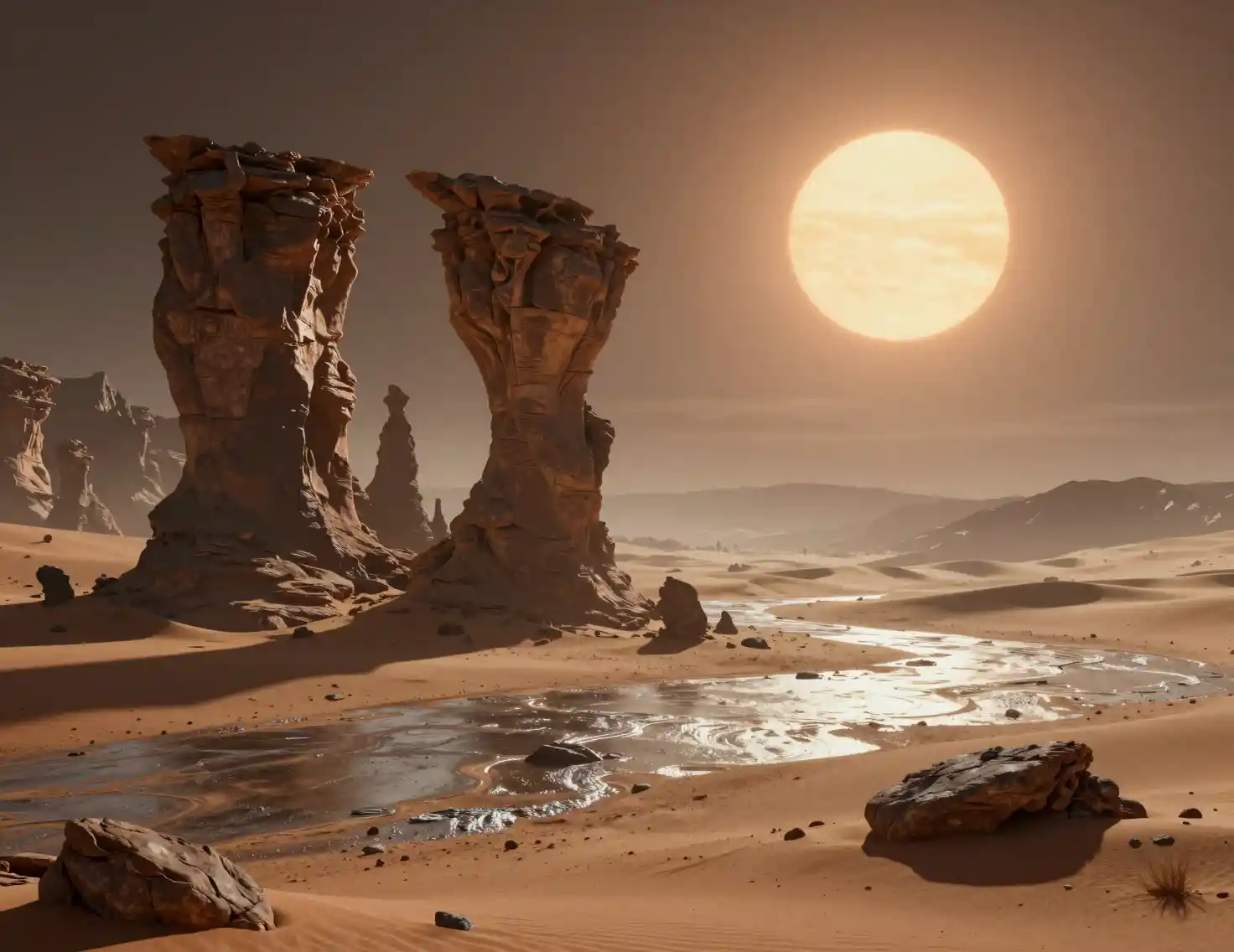 Alien desert landscape under twin suns with rocky formations